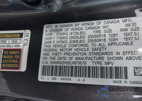 2020 Honda Cr-V Awd Ex из США, поврежденный, VIN 2HKRW2H55LH679076